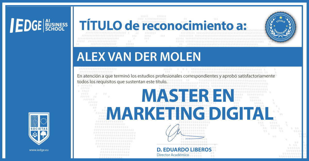 Certificación del Máster en Marketing Digital de Alex Van der Molen